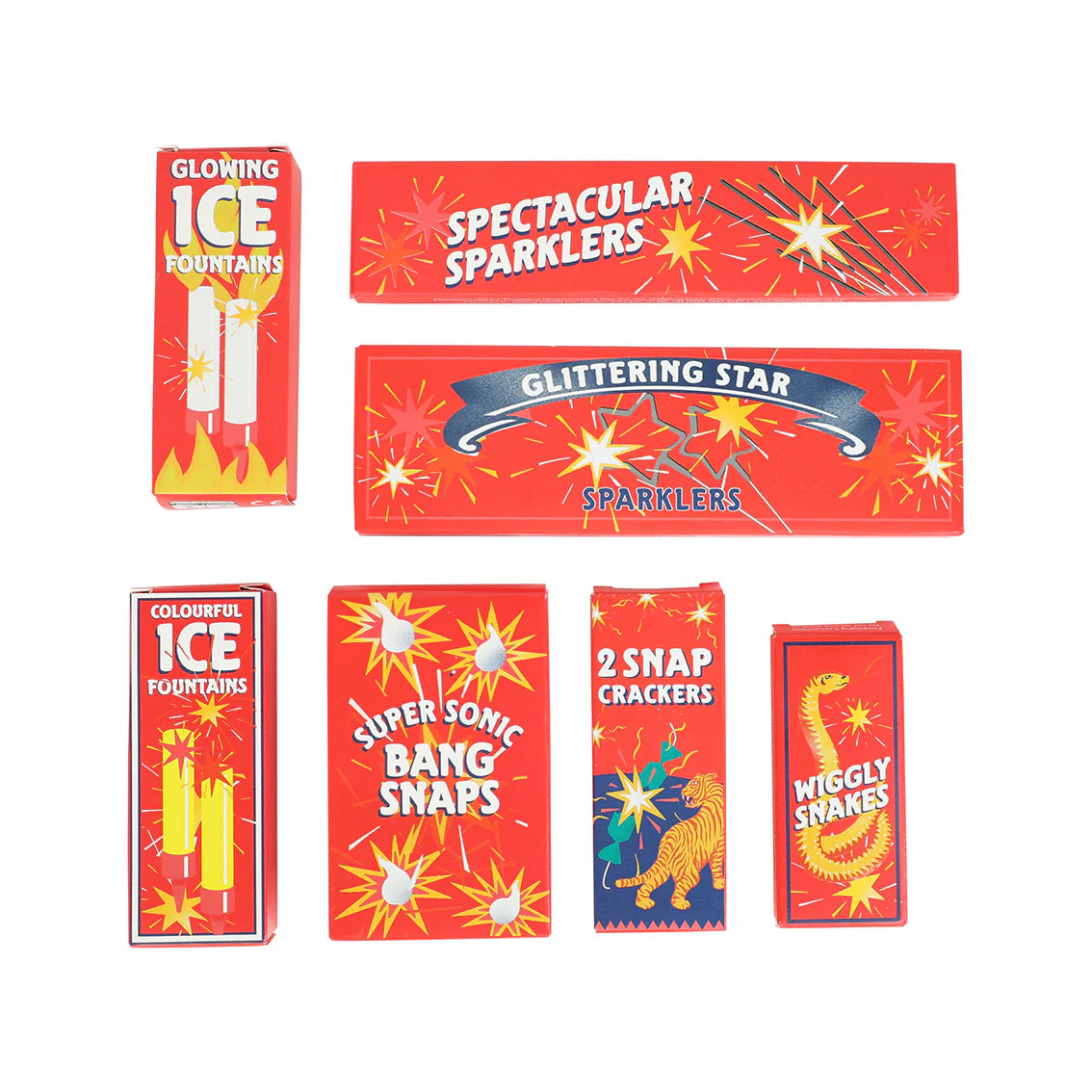 Talking Tables indoor table fireworks set: ice fountains, sparklers, bang snaps, snap crackers and wiggly snakes