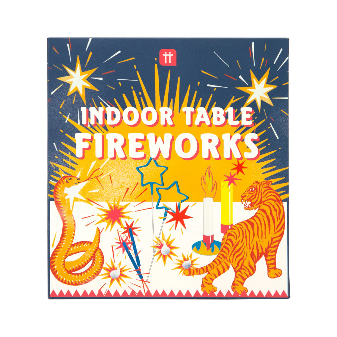 Talking Tables indoor table fireworks box: a tiger, snakes and sparklers on navy, with 'Indoor table fireworks'
