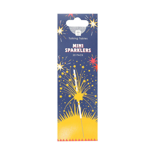 Talking Tables mini sparklers pack of 20 on a navy and yellow card