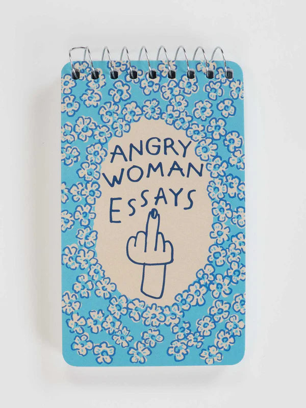 Blue Q mini spiral notebook: a middle finger with 'Angry woman essays' among blue flowers