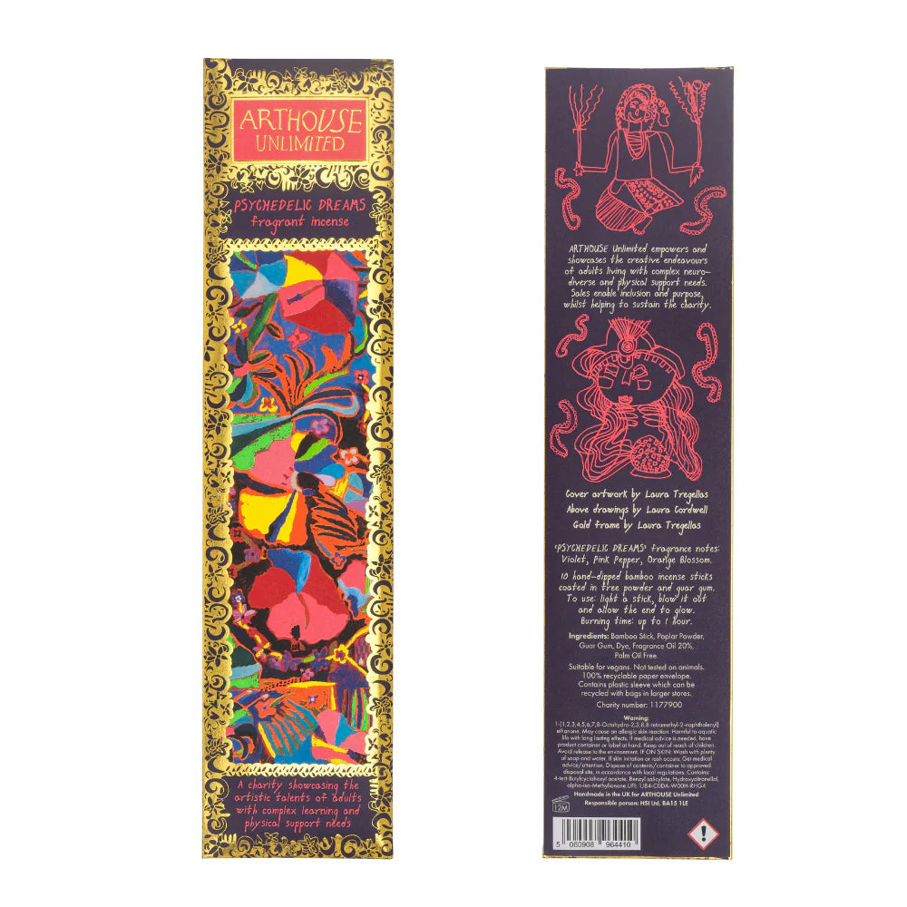 Front and back of the Psychedelic Dreams incense box