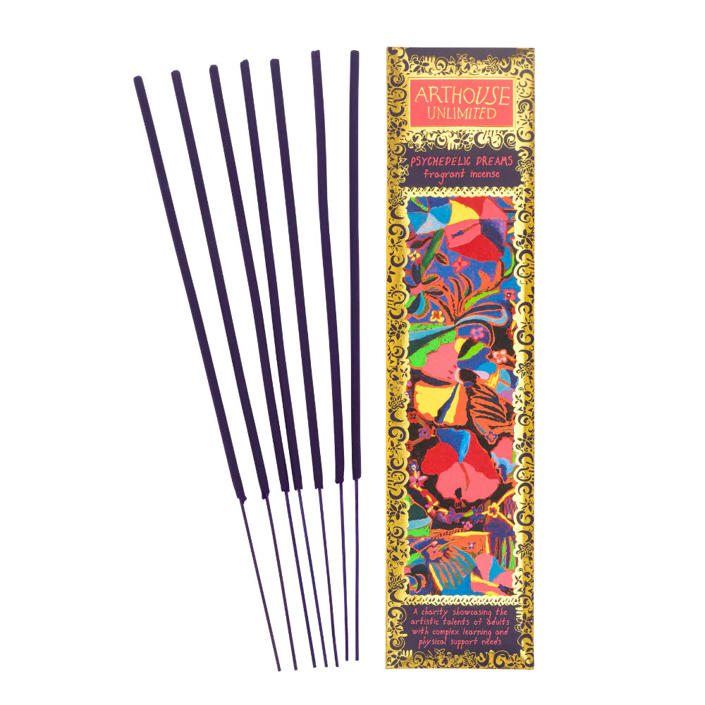 Arthouse Unlimited Psychedelic Dreams incense sticks beside their colourful box