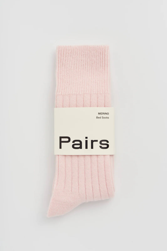 Pairs merino bed socks in frosting pink, large, ribbed, with a Pairs paper band