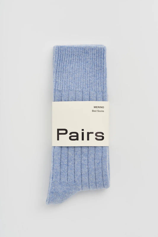 Pairs merino bed socks in morning blue, small, ribbed, with a Pairs paper band