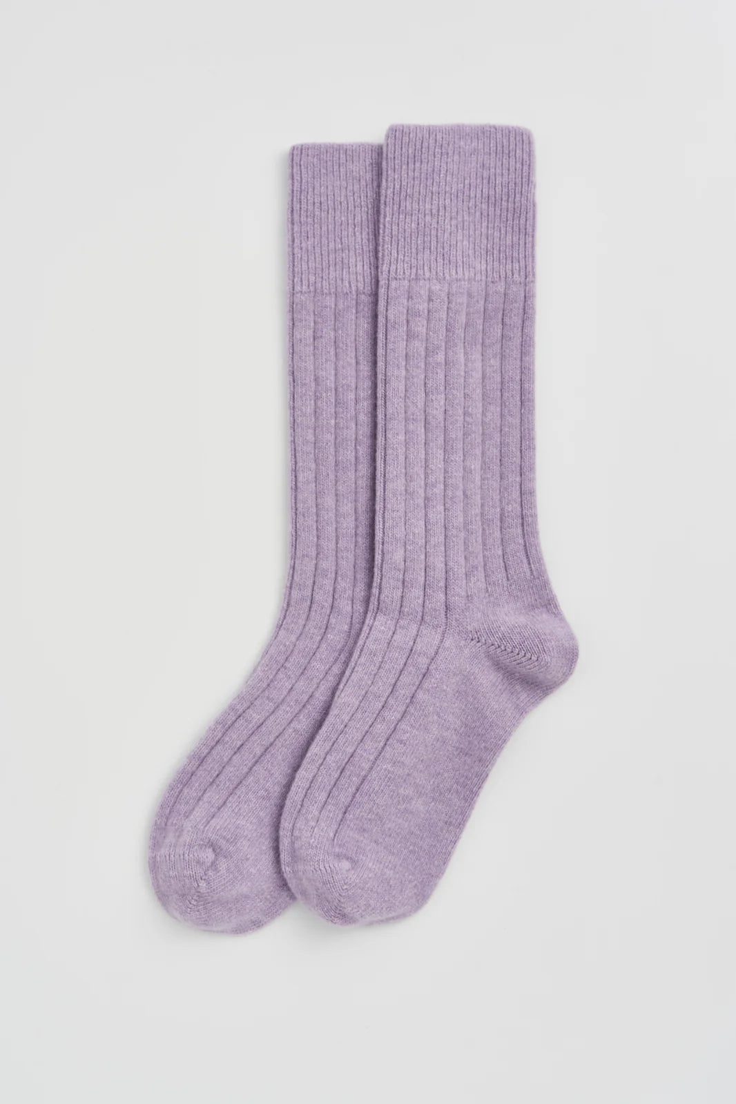 Pair of parma violet ribbed bed socks laid flat