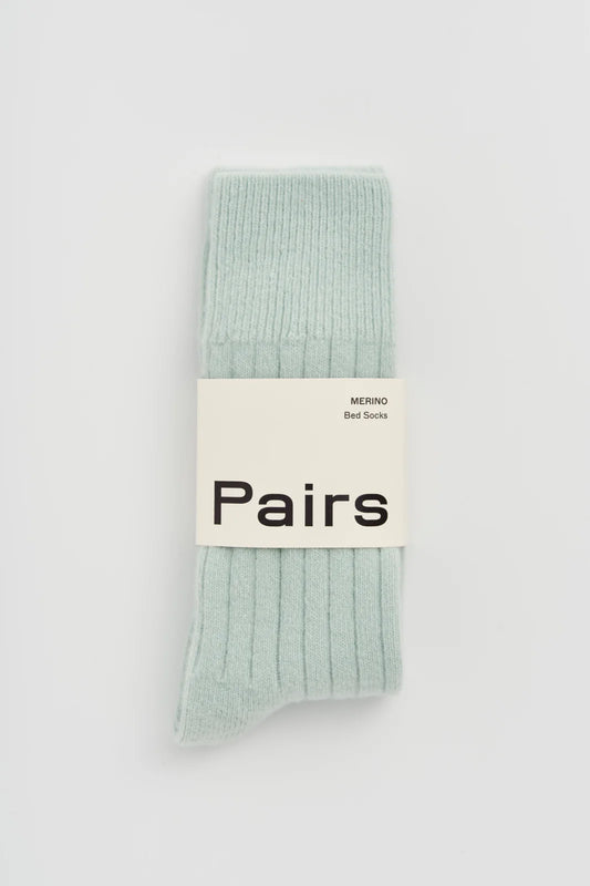 Pairs merino bed socks in mint, small, ribbed, with a Pairs paper band