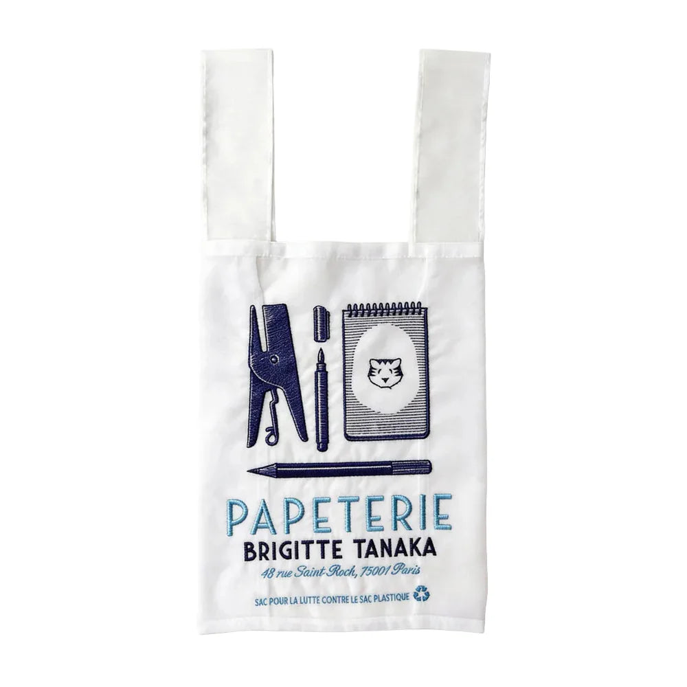 Brigitte Tanaka clear organza bag printed in blue with stationery and 'Papeterie'