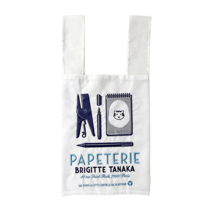 Brigitte Tanaka clear organza bag printed in blue with stationery and 'Papeterie'