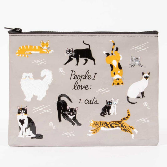 Grey zip pouch covered in cats: People I love: 1. cats