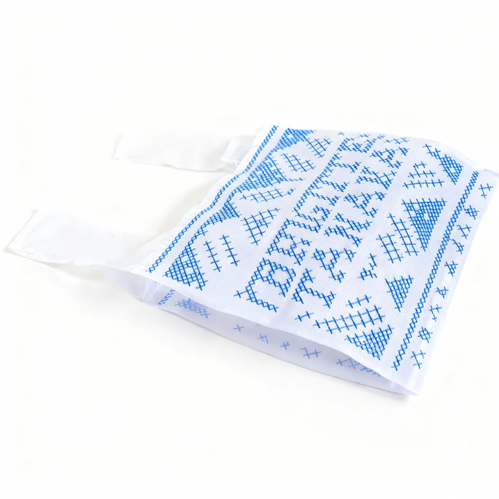 Cross-stitch organza bag lying flat