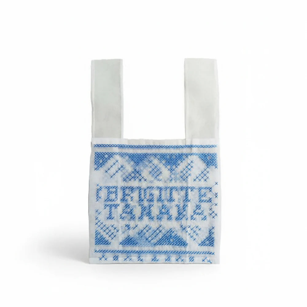 Cross-stitch organza bag standing upright