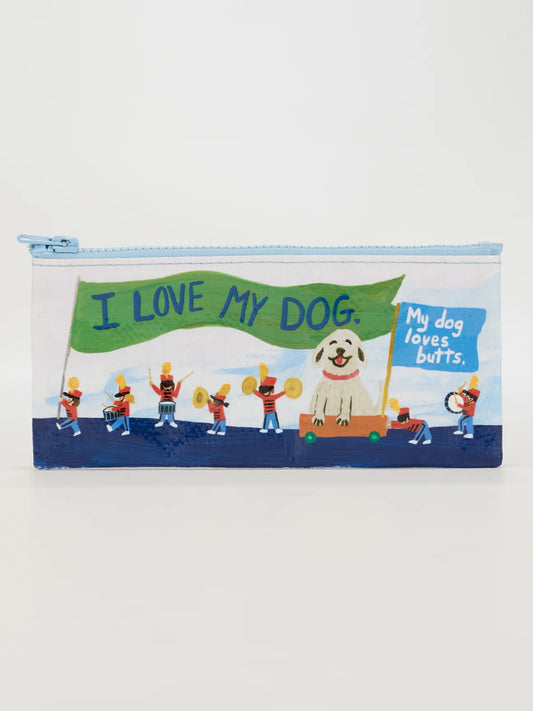 Blue Q pencil case: a parade of dogs and a banner reading 'I love my dog'