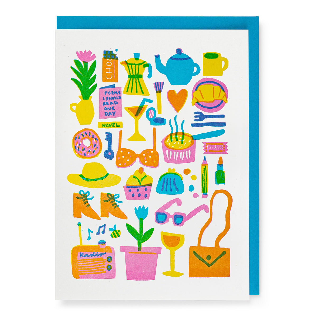 White card covered in bright everyday items: plants, a teapot, cake, a hat, boots, sunglasses and a handbag