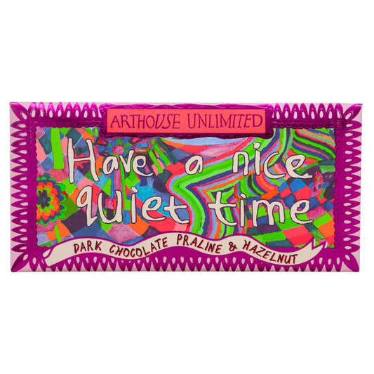 Arthouse Unlimited 'Have a nice quiet time' dark chocolate praline and hazelnut mini bar in purple patterned packaging
