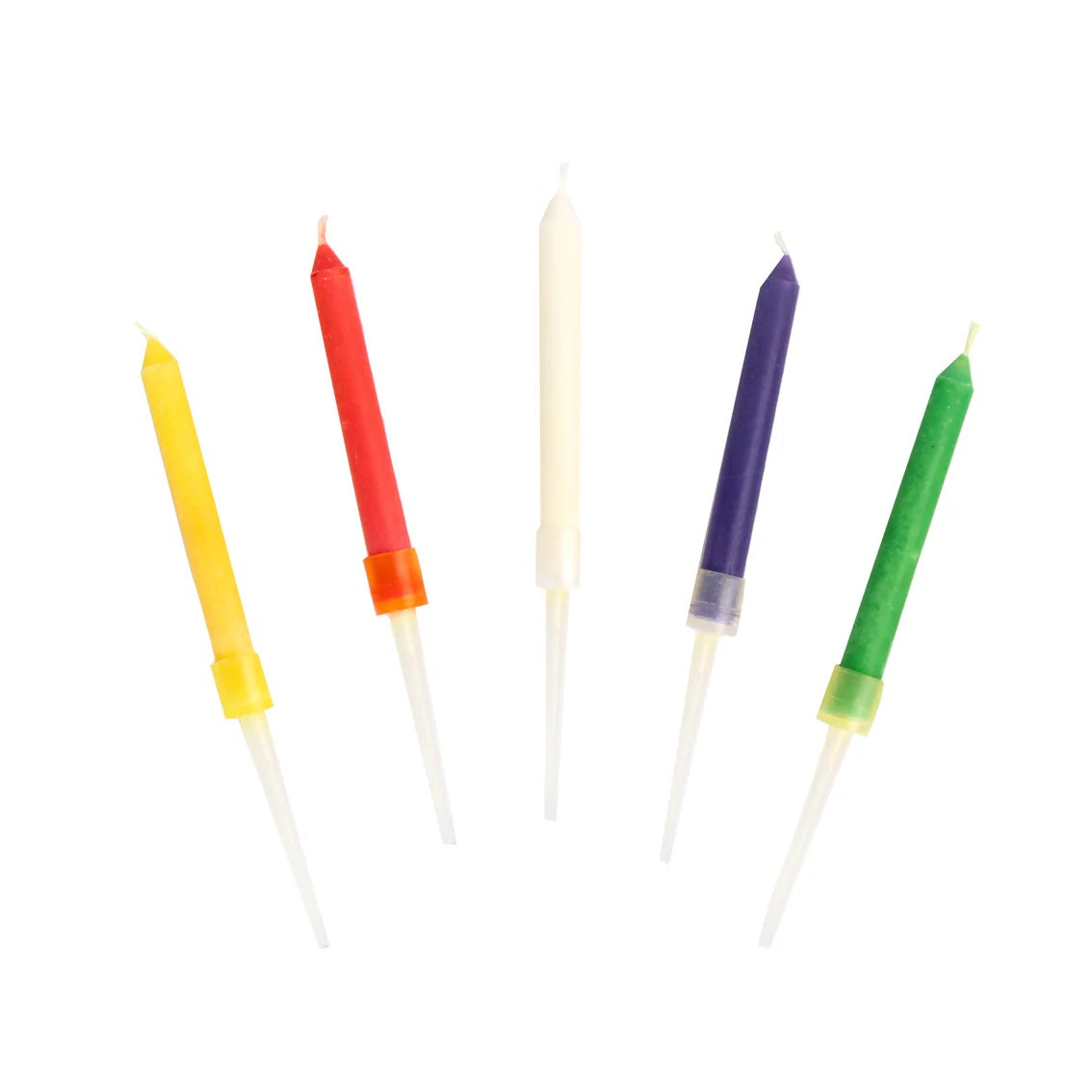 Five birthday candles in yellow, red, white, purple and green