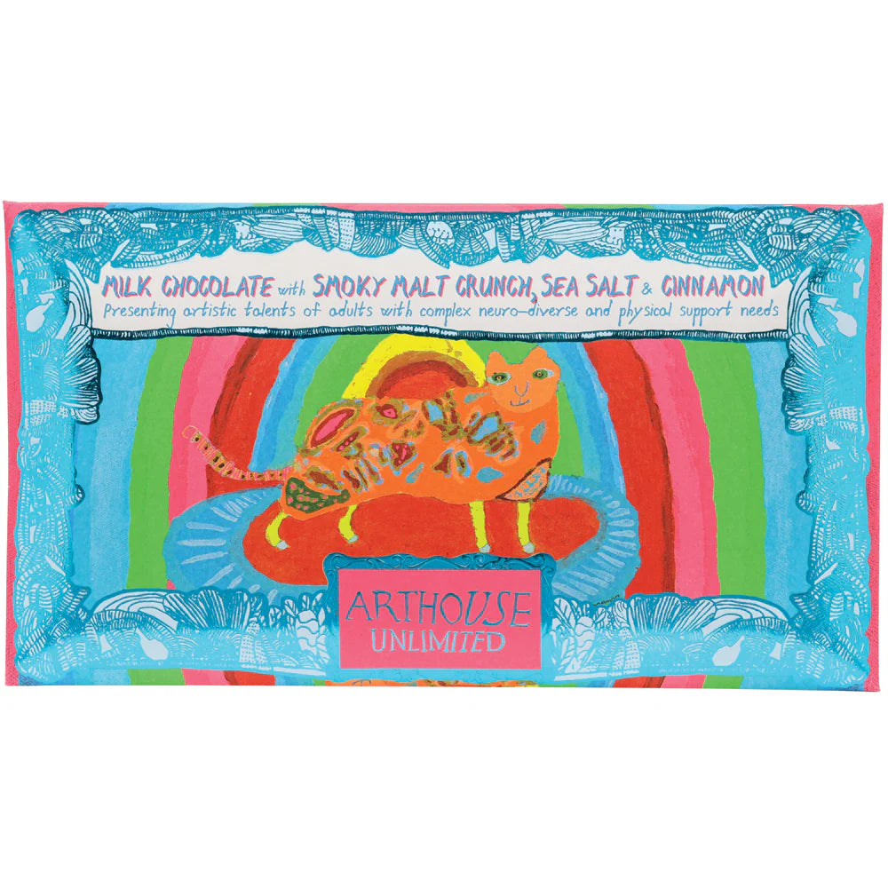Arthouse Unlimited Rainbow Cat milk chocolate with smoky malt crunch, sea salt and cinnamon