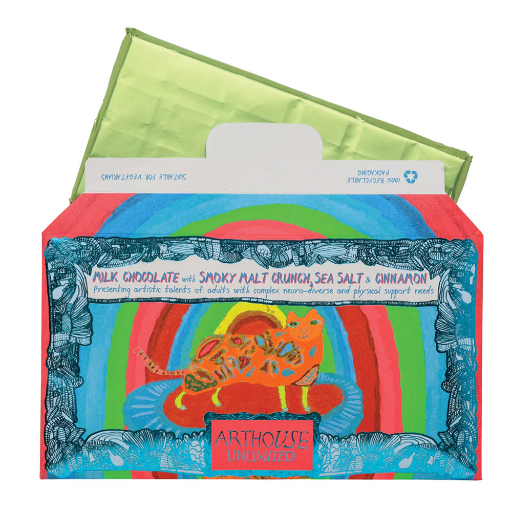 Rainbow Cat chocolate with its green-wrapped bar pulled out