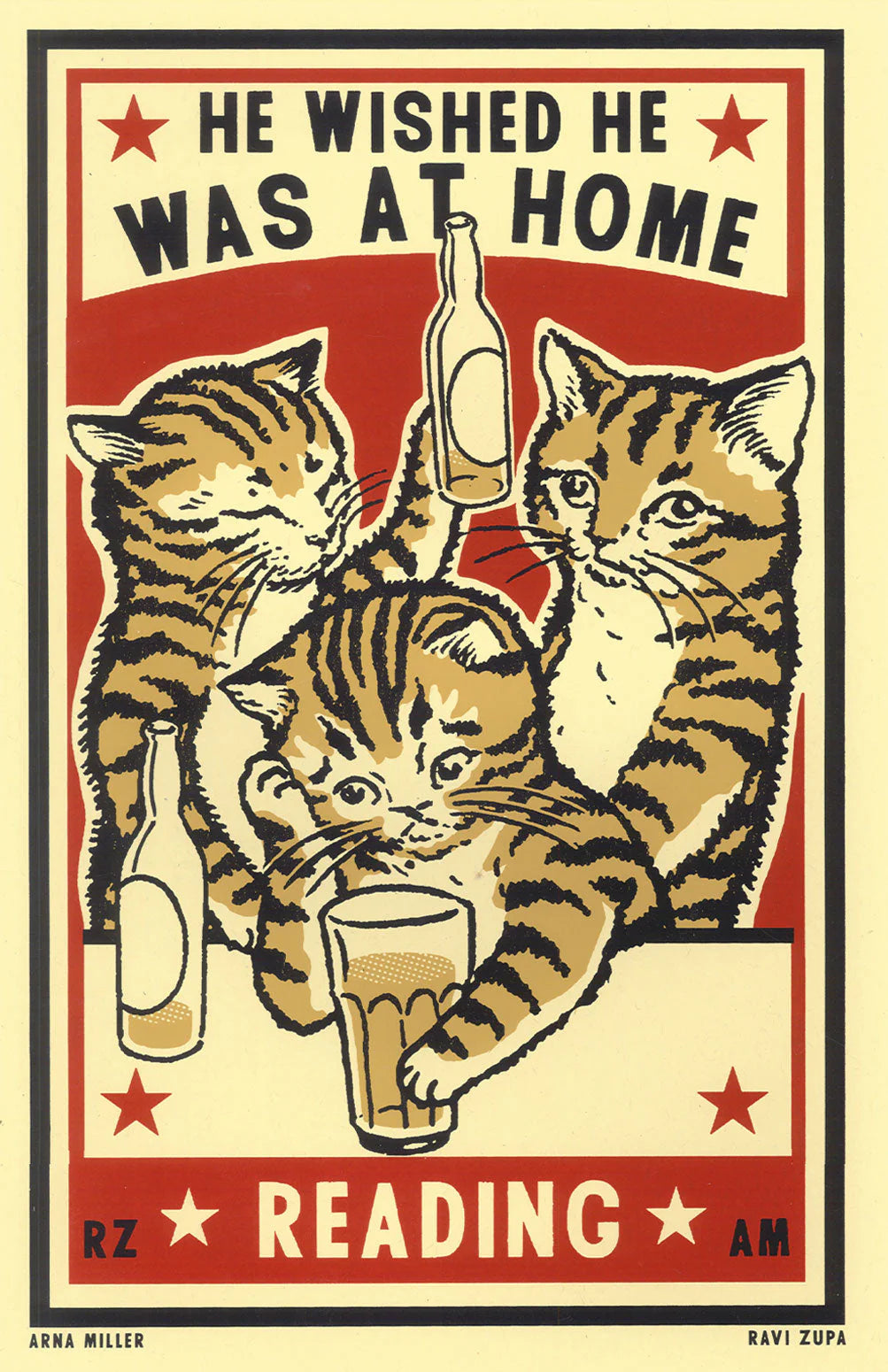 Ravi Zupa mini print: three tabby cats with beer, with 'He wished he was at home reading'