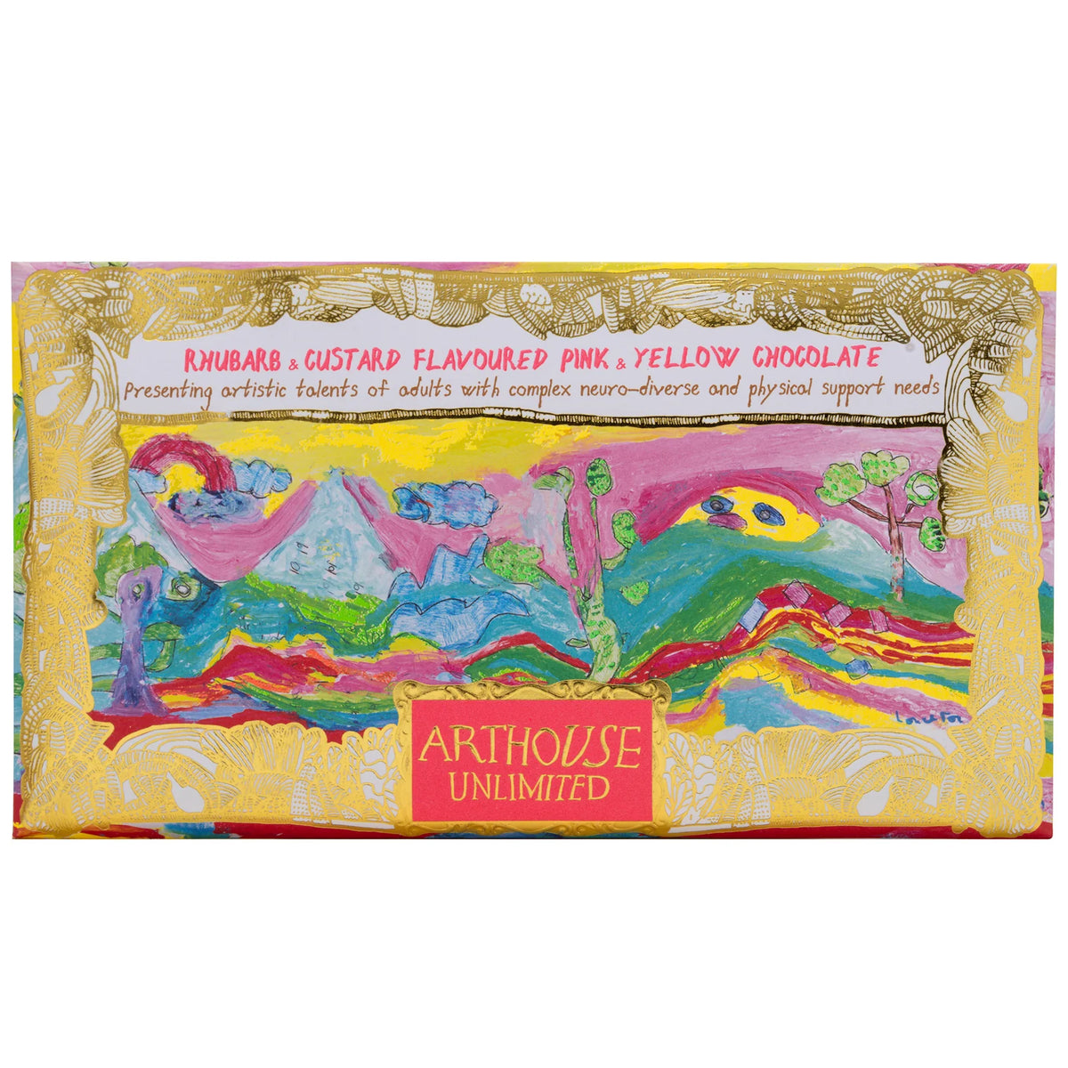 Arthouse Unlimited rhubarb and custard flavoured pink and yellow chocolate bar in a colourful landscape wrapper