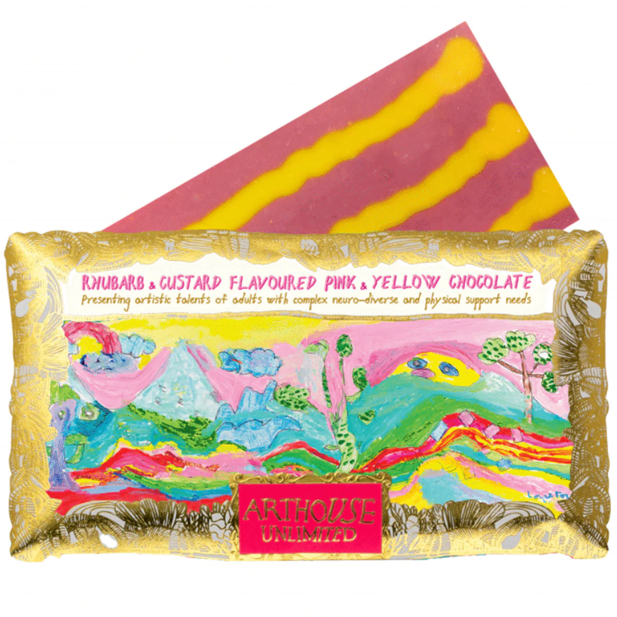 Rhubarb and custard chocolate bar showing the pink and yellow striped chocolate