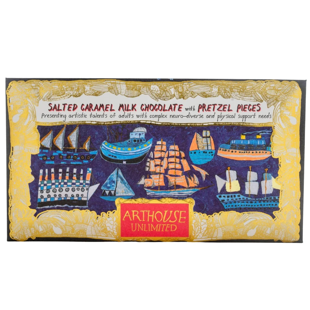 Arthouse Unlimited salted caramel milk chocolate with pretzel pieces, in packaging with ships