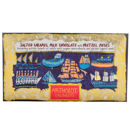 Arthouse Unlimited salted caramel milk chocolate with pretzel pieces, in packaging with ships
