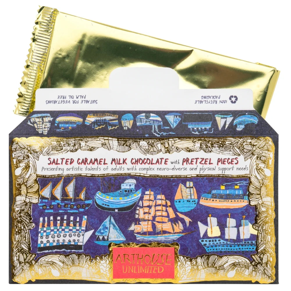 Pretzel chocolate with its gold-wrapped bar pulled out