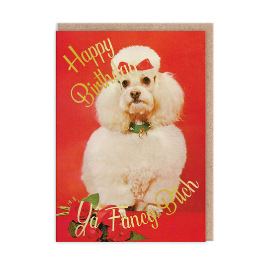 Red card with a white poodle wearing a bow: Happy birthday ya fancy bitch