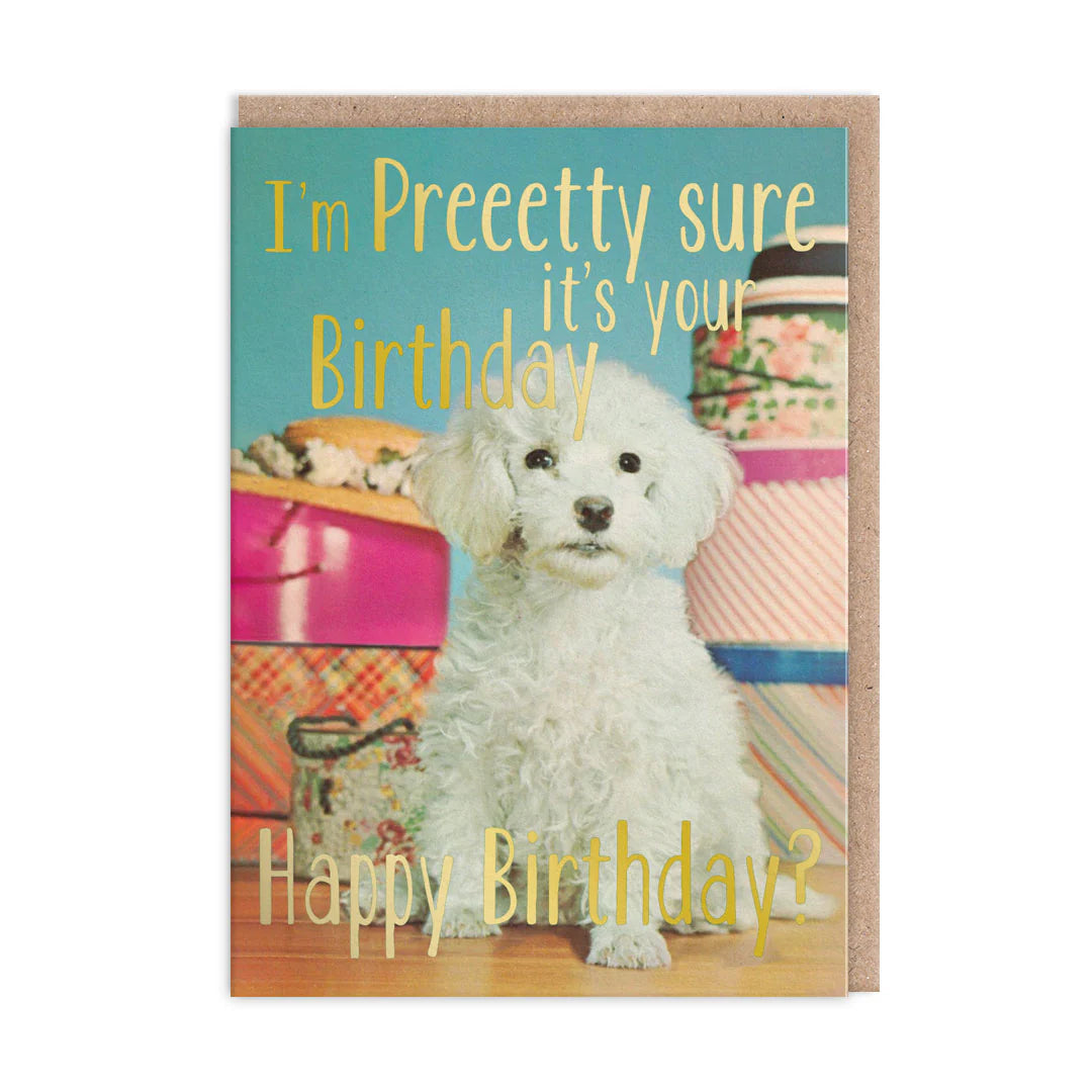 Card with a white fluffy dog among presents: I'm preeeetty sure it's your birthday. Happy birthday!