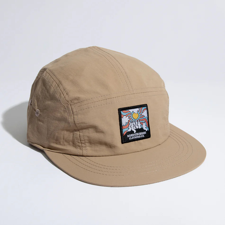 Beige nylon five-panel cap with a Nordic Buddies Hattifattener patch