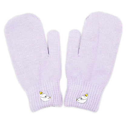 Pair of lilac knitted mittens with embroidered Snorkmaiden