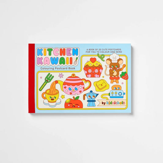 Kitchen Kawaii colouring postcard book cover: cute smiling teapot, cupcake, mouse chef and other kitchen characters, '20 cute postcards for you to colour and send'