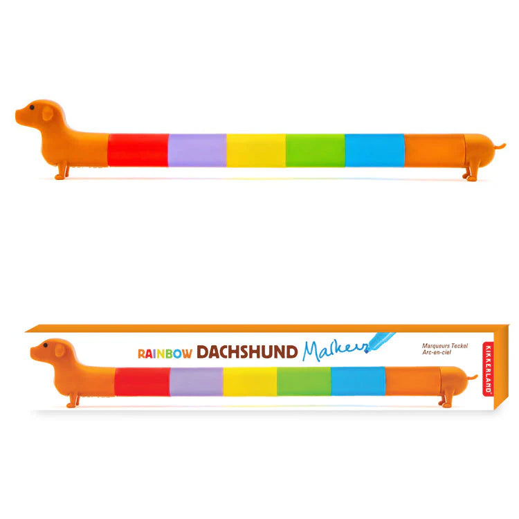Kikkerland rainbow dachshund marker set and its box