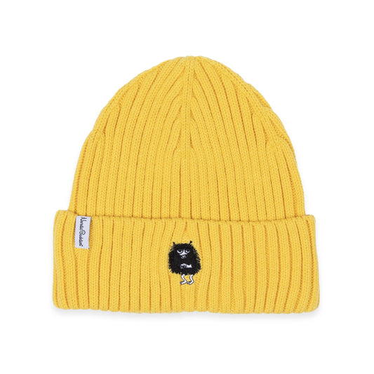 Mustard ribbed beanie with a small embroidered Stinky