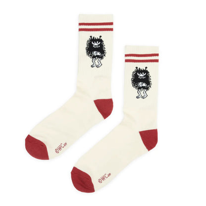 Nordic Buddies men's cream tennis socks with red stripes, heels and toes, printed with Stinky