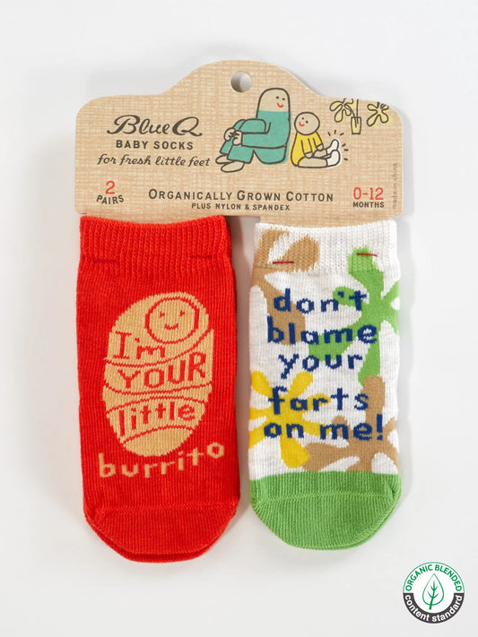 Blue Q baby socks, two pairs: 'I'm your little burrito' and 'Don't blame your farts on me!'