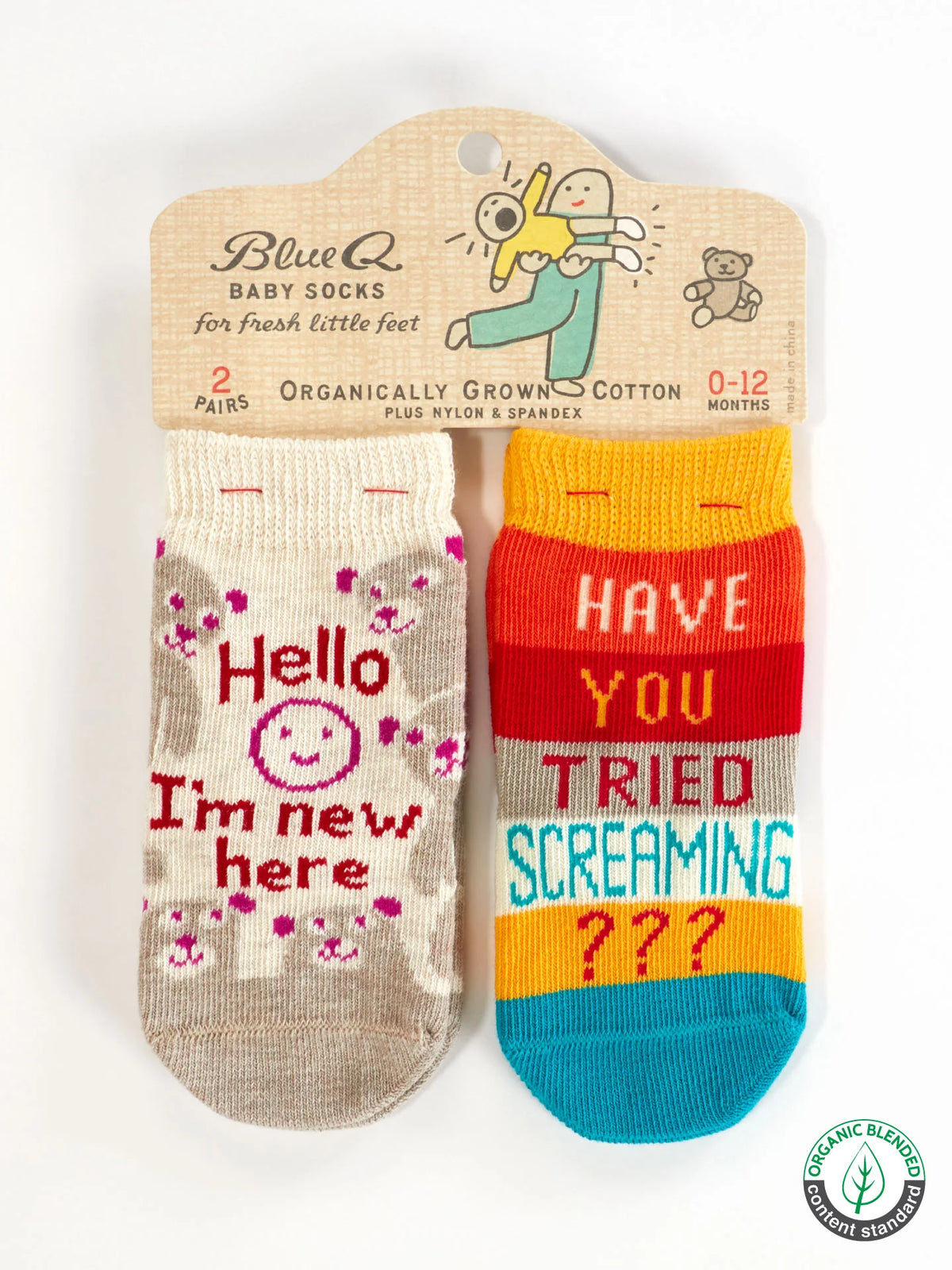Blue Q baby socks, two pairs: 'Hello I'm new here' and 'Have you tried screaming???'