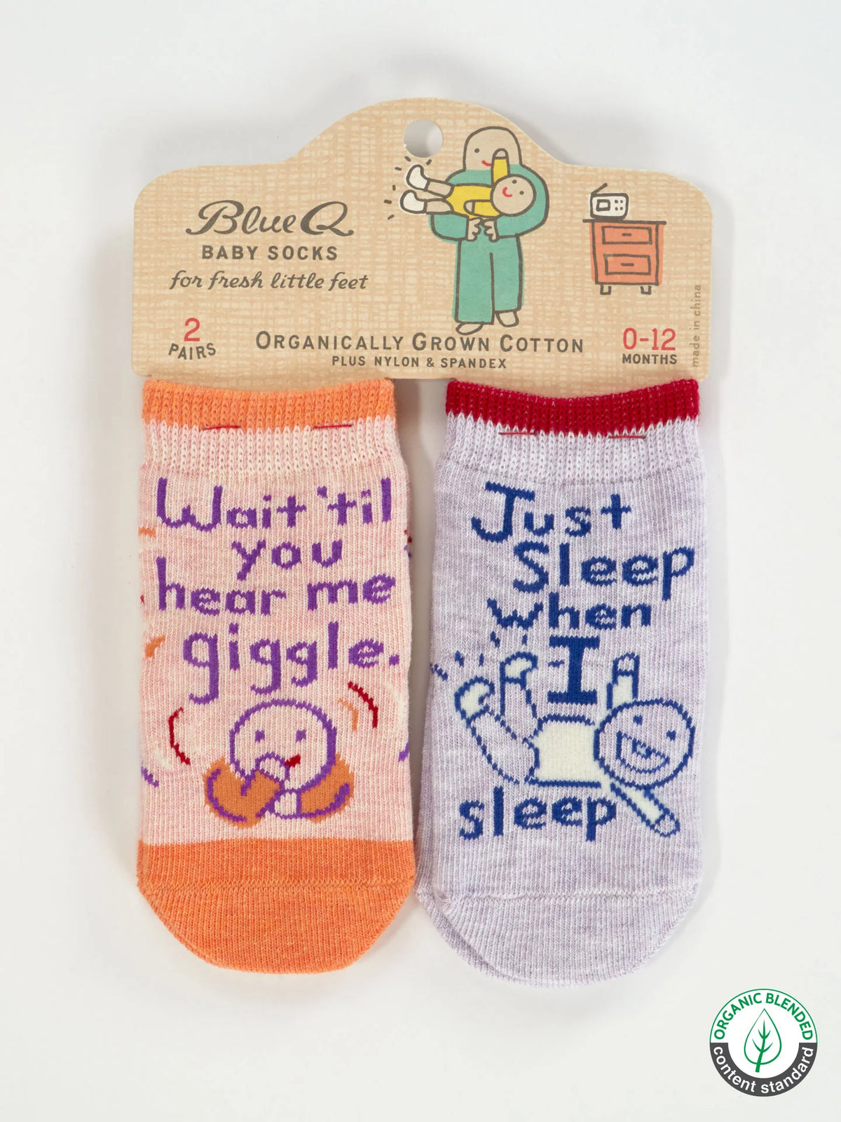 Blue Q baby socks, two pairs: 'Wait 'til you hear me giggle' and 'Just sleep when I sleep'