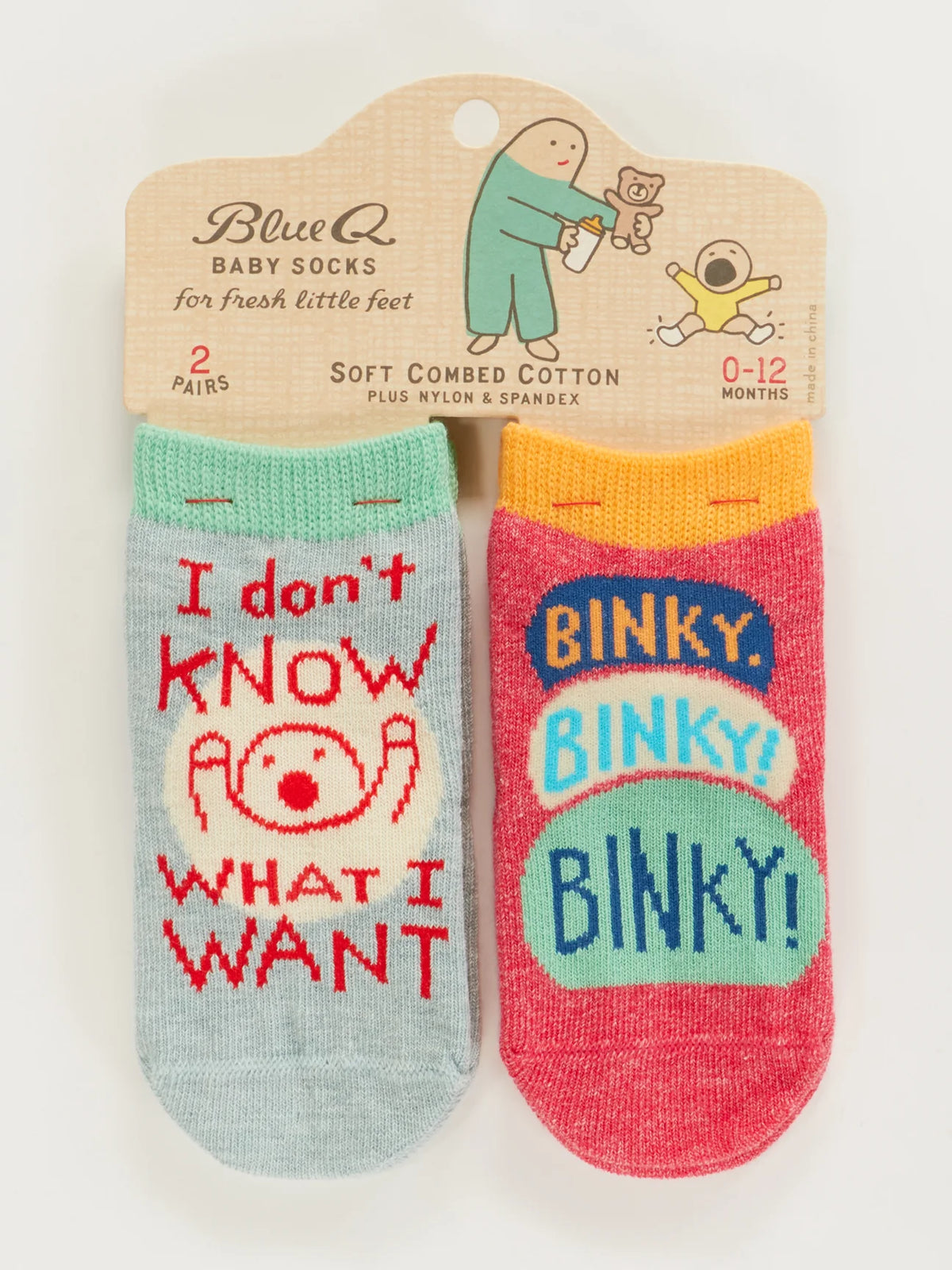 Blue Q baby socks, two pairs: 'I don't know what I want' and 'Binky! Binky! Binky!'