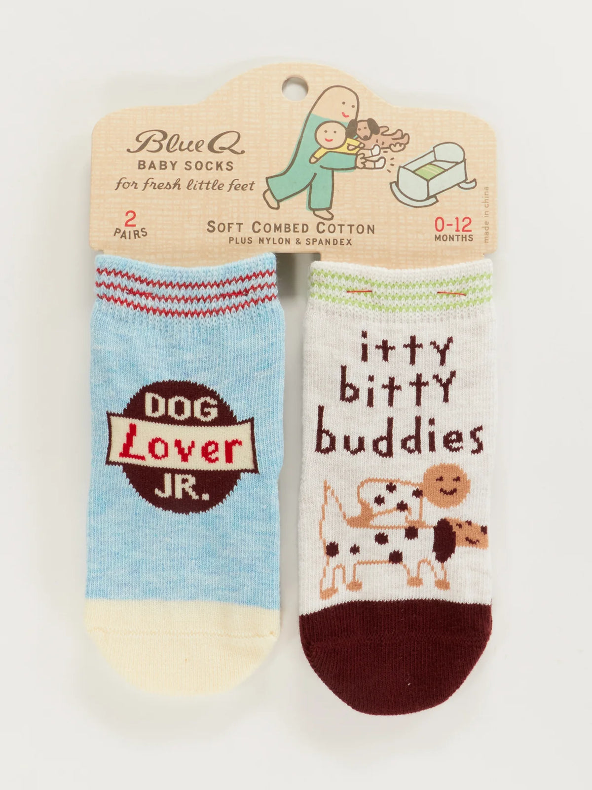 Blue Q baby socks, two pairs: 'Dog lover Jr.' and 'Itty bitty buddies' with a spotty dog