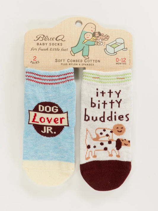 Blue Q baby socks, two pairs: 'Dog lover Jr.' and 'Itty bitty buddies' with a spotty dog