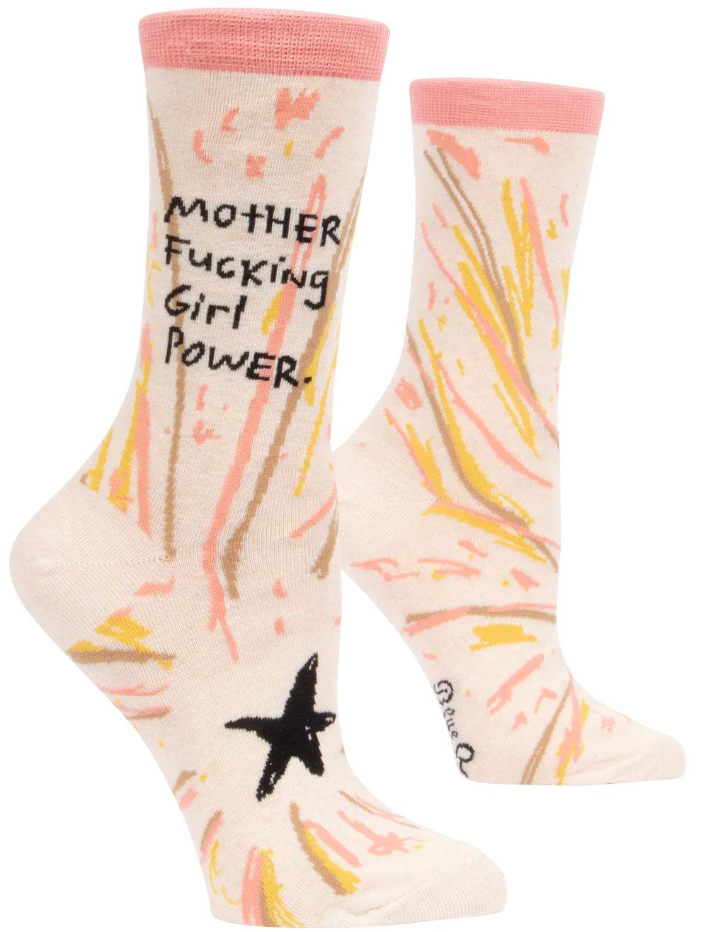 Cream crew socks with pink streaks and a black star: Mother fucking girl power