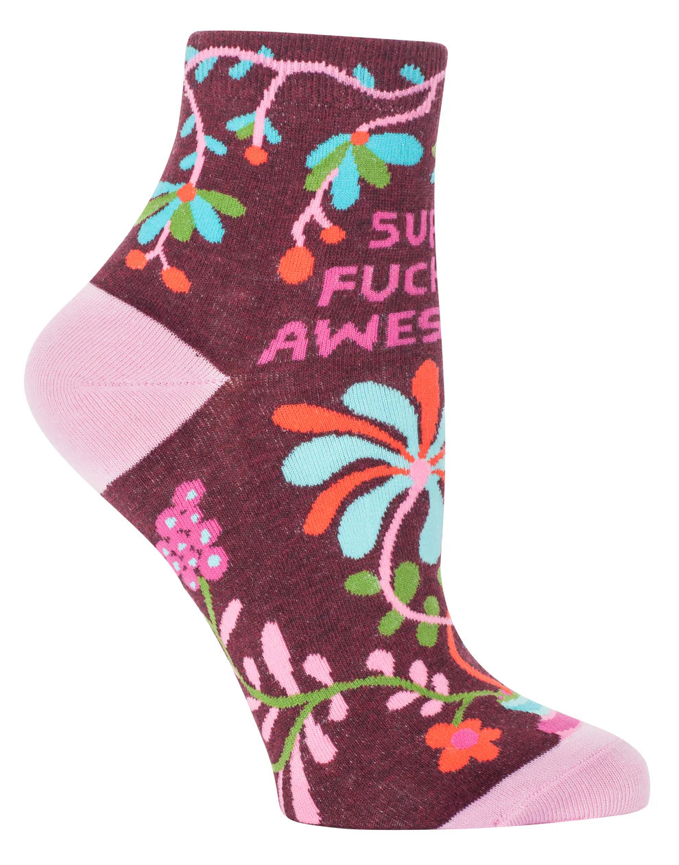 Side view of the Super fucking awesome sock with a pink heel