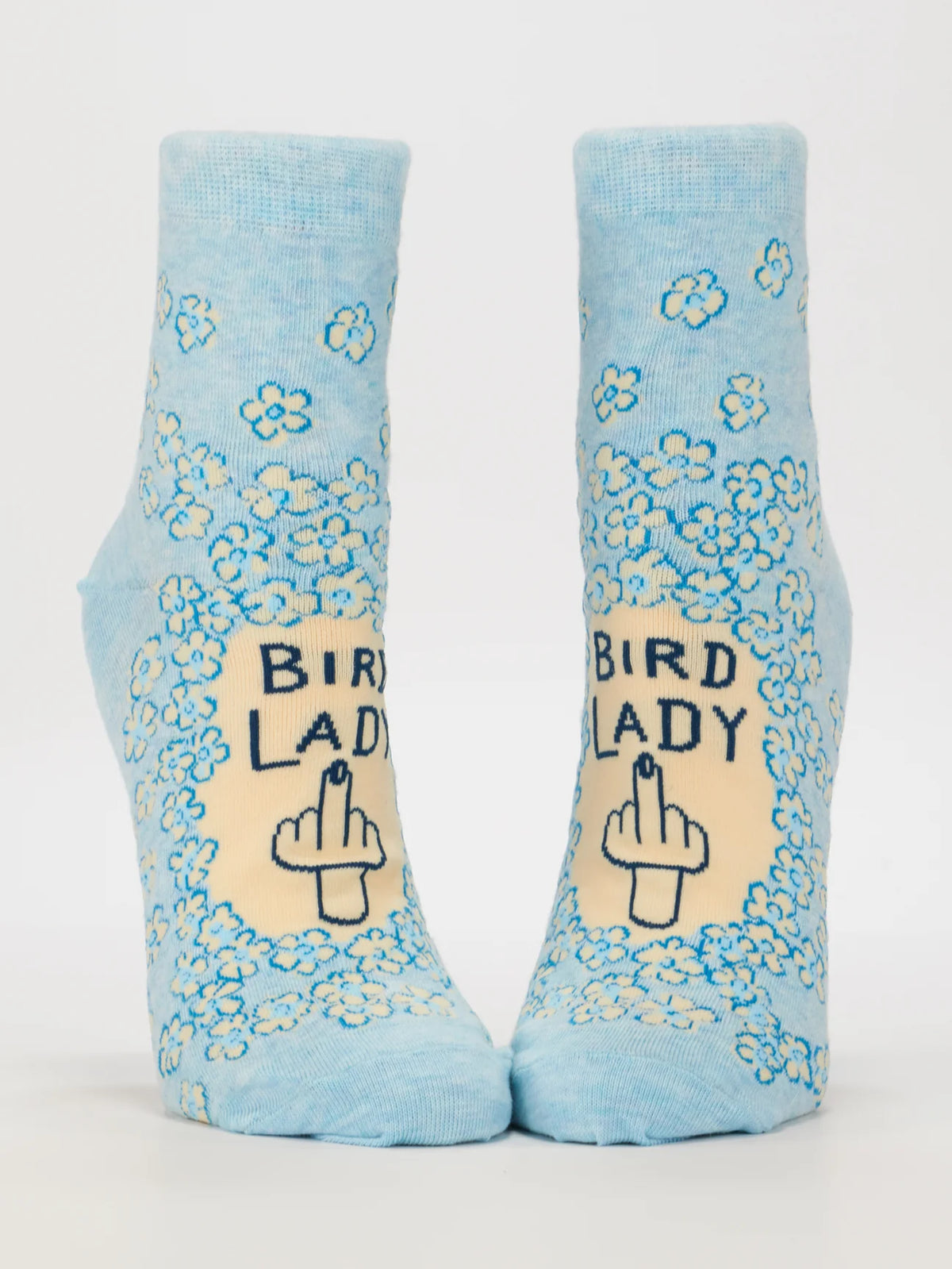 Blue Q women's ankle socks: pale blue with flowers, a middle finger and 'Bird lady'
