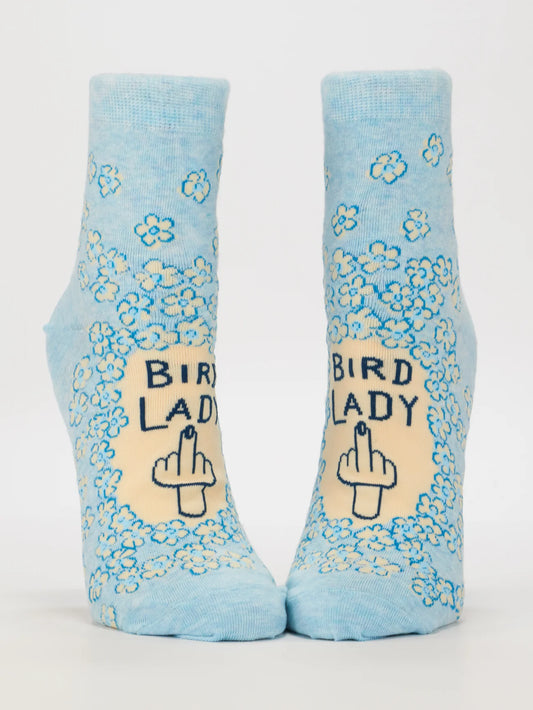 Blue Q women's ankle socks: pale blue with flowers, a middle finger and 'Bird lady'