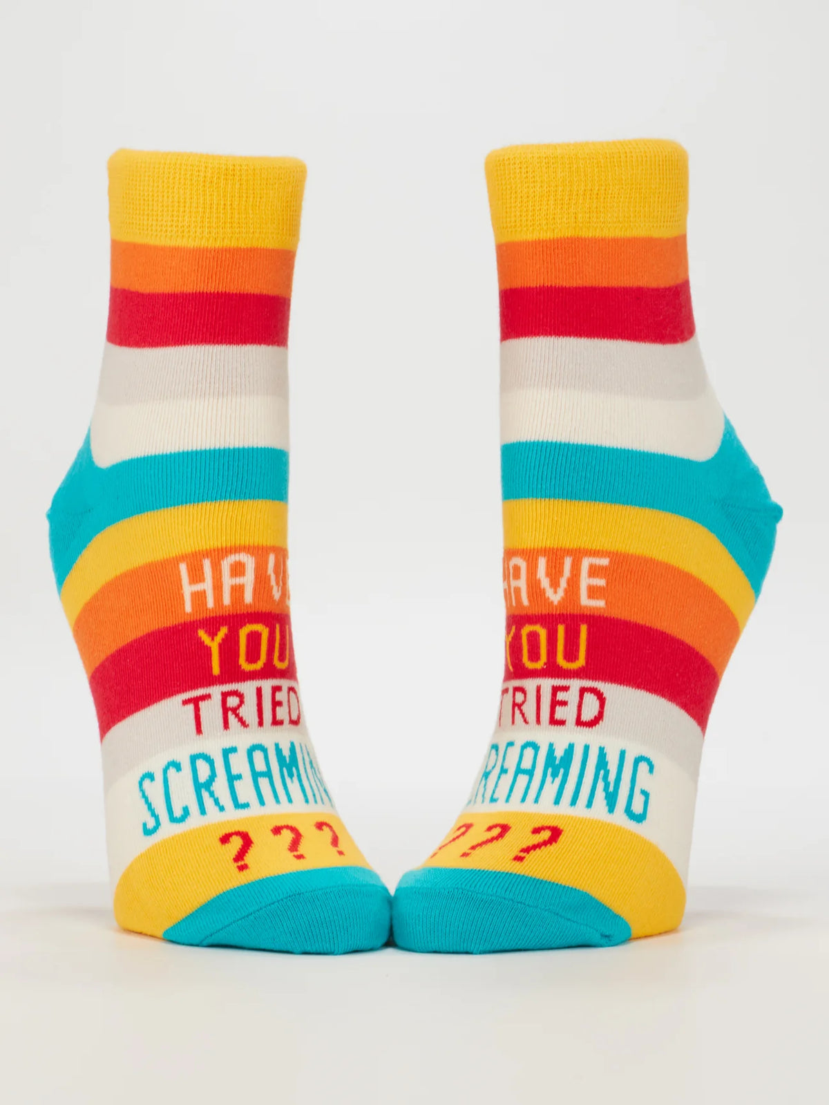 Blue Q ankle socks: rainbow stripes with 'Have you tried screaming???'