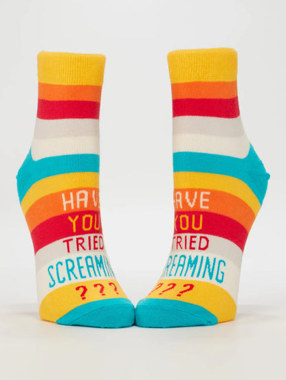 Blue Q ankle socks: rainbow stripes with 'Have you tried screaming???'
