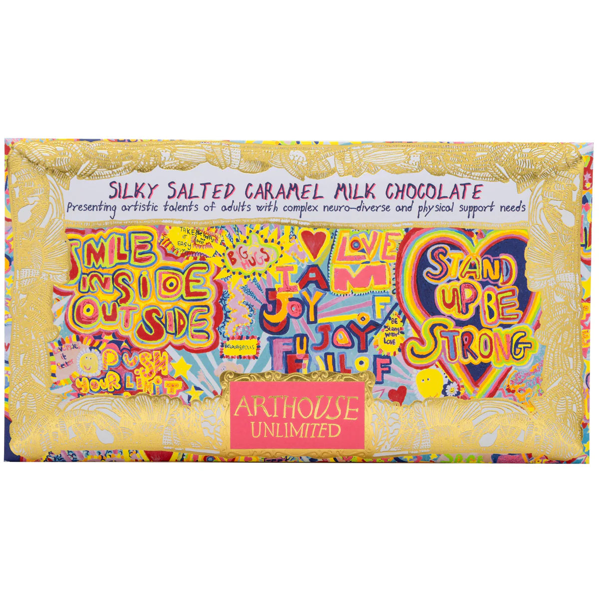 Arthouse Unlimited silky salted caramel milk chocolate in colourful hand-lettered packaging