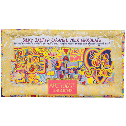 Arthouse Unlimited silky salted caramel milk chocolate in colourful hand-lettered packaging
