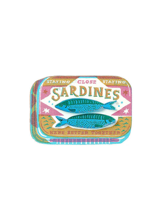 Sardine tin brooch with two blue fish: Sardines